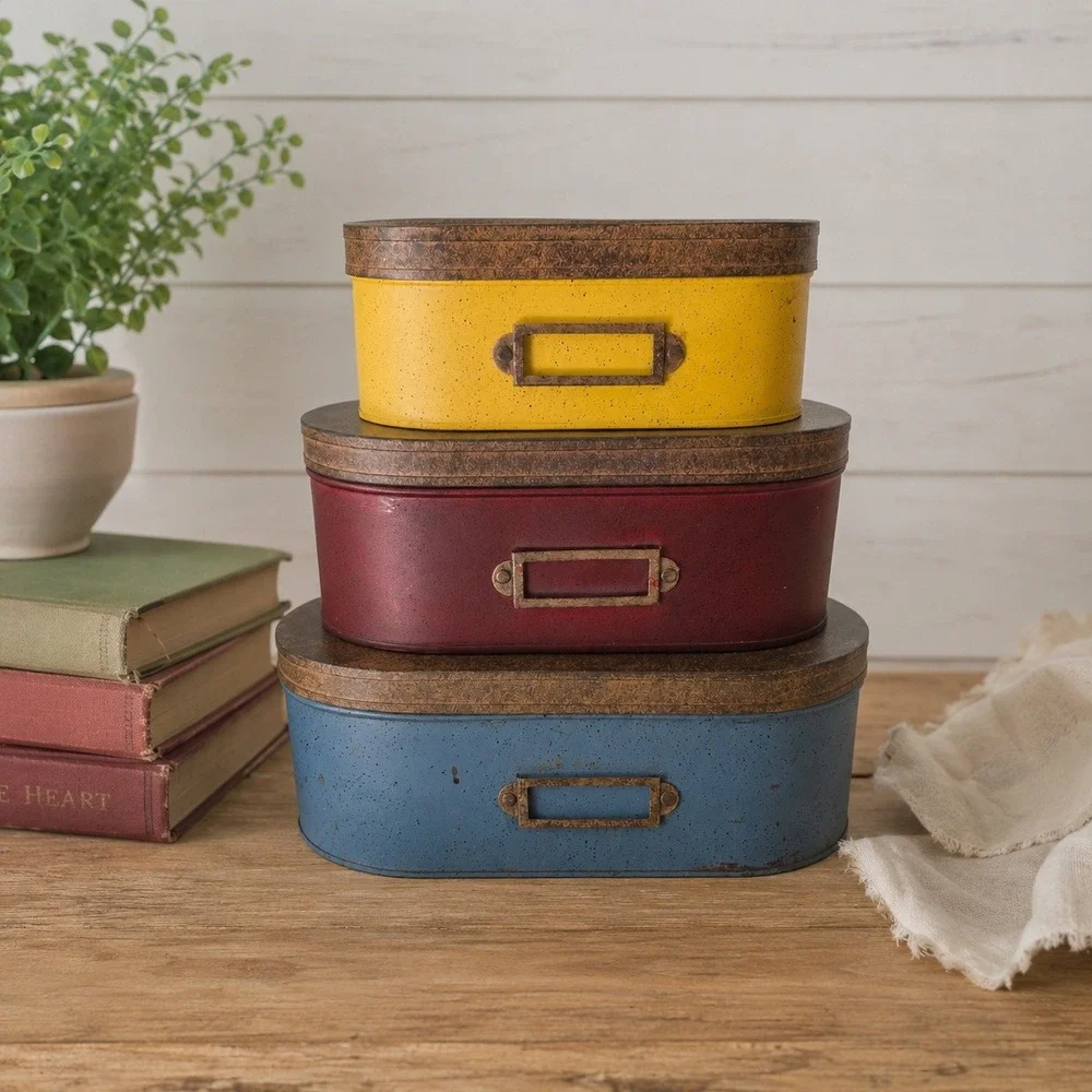 Tender Heart Treasures Nesting Tins Set 3 Primary Colors Farmhouse Decor 60621